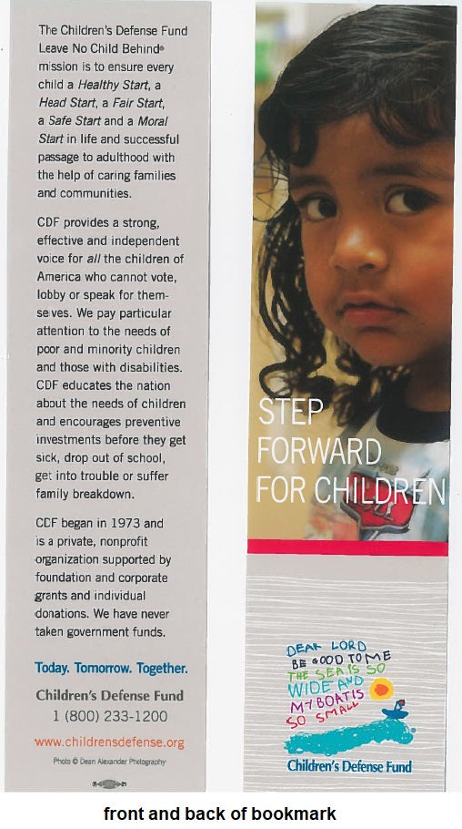 Set of 5 Step Forward for Children bookmarks featuring a Latina child