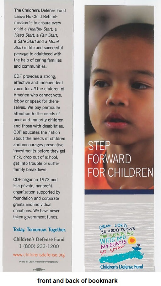 Set of 5 Step Forward for Children bookmarks featuring an Asian child
