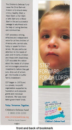 Set of 5 Step Forward for Children bookmarks featuring a Caucasian child